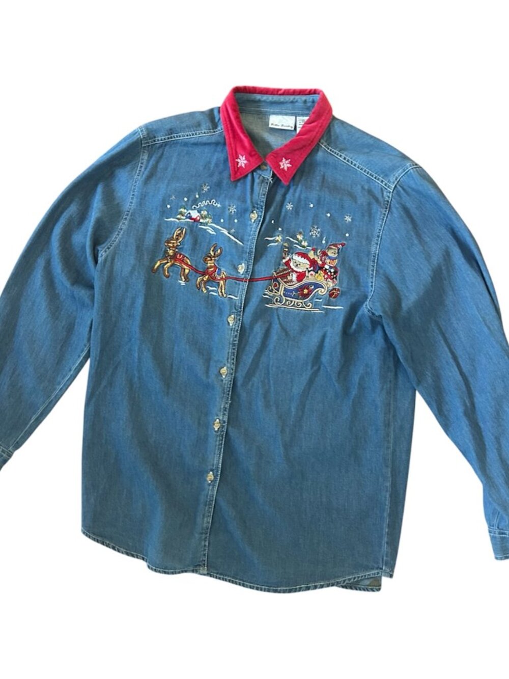 Y2K Bobbie Brooks Santa Reindeer Embroidered Denim Button-Down Shirt Size Large